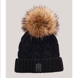Cashmere cable knit toque with blue fox fur pompom